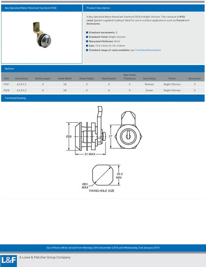 F328 KEY OPERATED WATER RESISTANT CAMLOCK