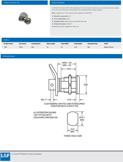 L&F 23-26MM CAMLOCK 1301 WITH CAULKING CAM (KEYED ALIKE)