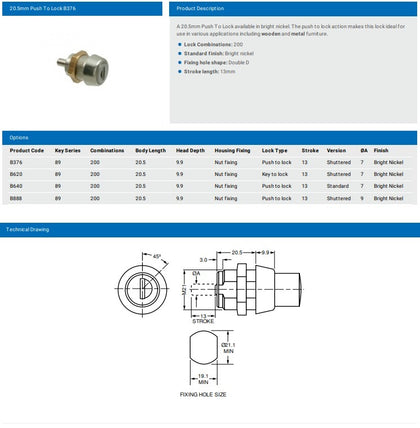 LOWE AND FLETCHER 20.5MM PUSH TO LOCK B376