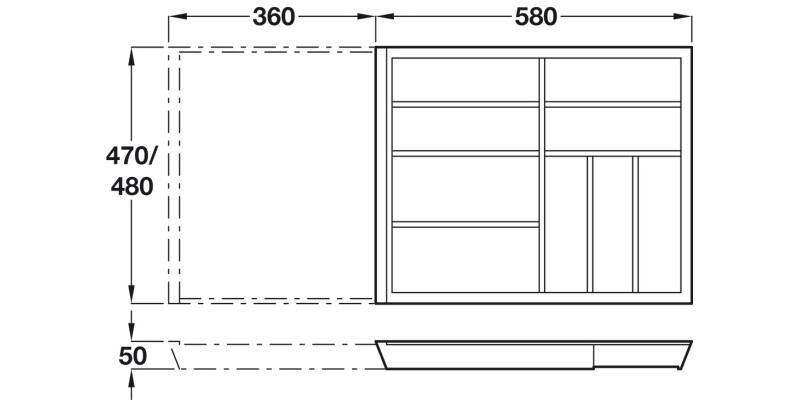eXTray Oak Cutlery Ins 480/800-1000mm