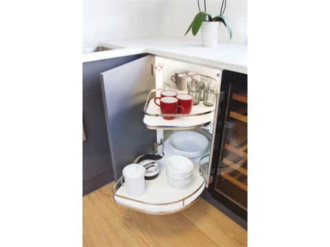 Corner Pull Out Shelving Unit, White Base with Polished Chrome Flat Bar Rail, fo