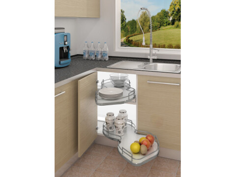 Corner Pull Out Shelving Unit, White or Grey with Polished Chrome Rail, for Cabi