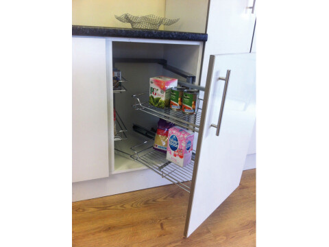 Pull and Swing Corner Storage Unit, with Four Linear Silver Wire Baskets