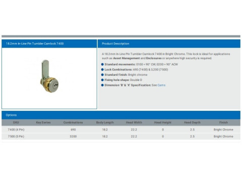7500 18.2MM IN-LINE PIN TUMBLER CAMLOCK