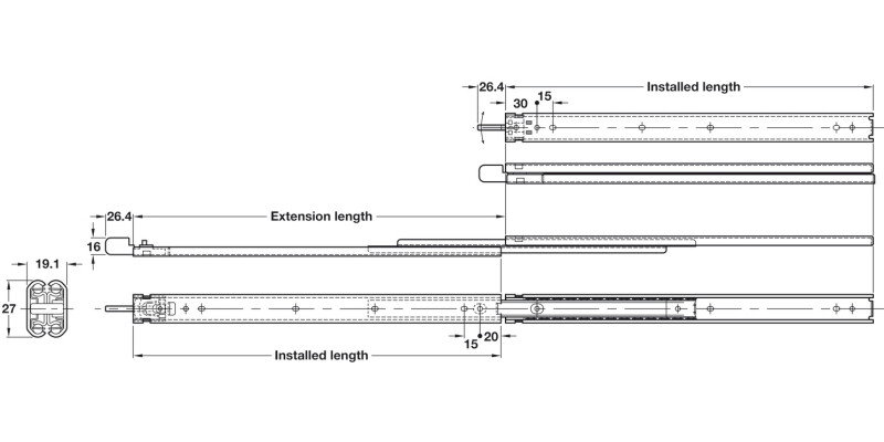 2731CL BB Drawer Runner Full 28kg 350mm BZP