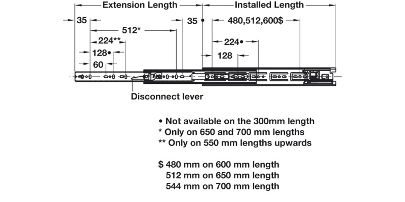 3832TR BB Drawer Runner Full 43kg 700mm Wht