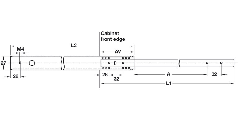 BB Drawer Runner 27mm Groove Sgl 12kg 350-568mm