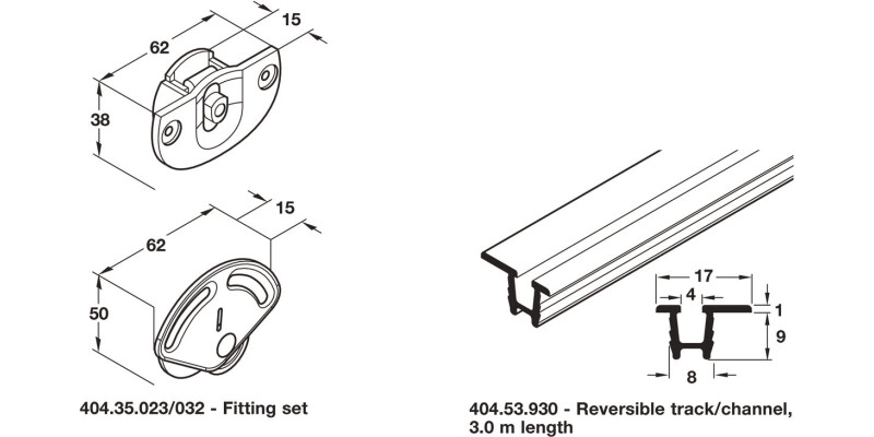 Complete Set, with Tracks, for Sliding Cabinet Doors, H&auml;fele System 7