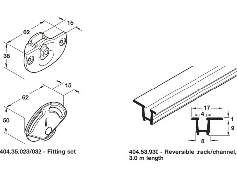 Complete Set, with Tracks, for Sliding Cabinet Doors, H&auml;fele System 7