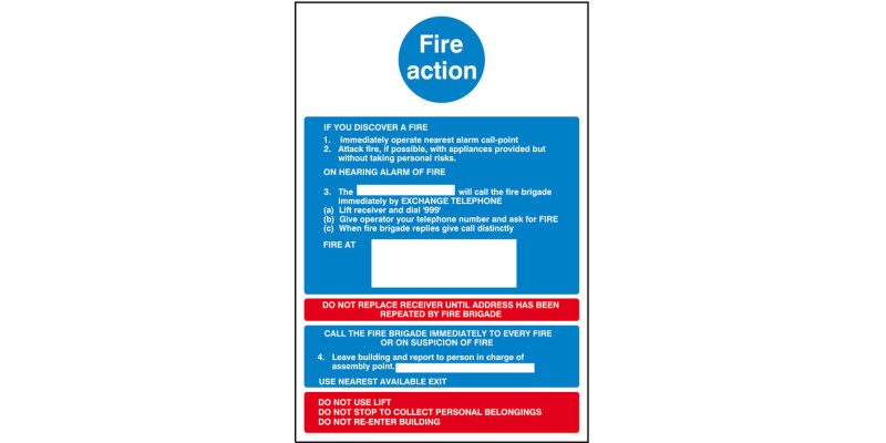 Sign 300x200mm-Fire action Wht/Blue/Red