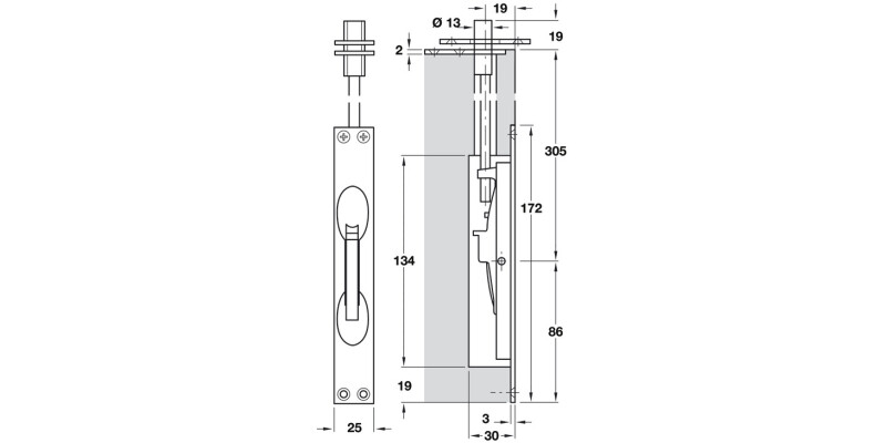 Lvr Act Flushbolt 172x25x30mm Brs PB