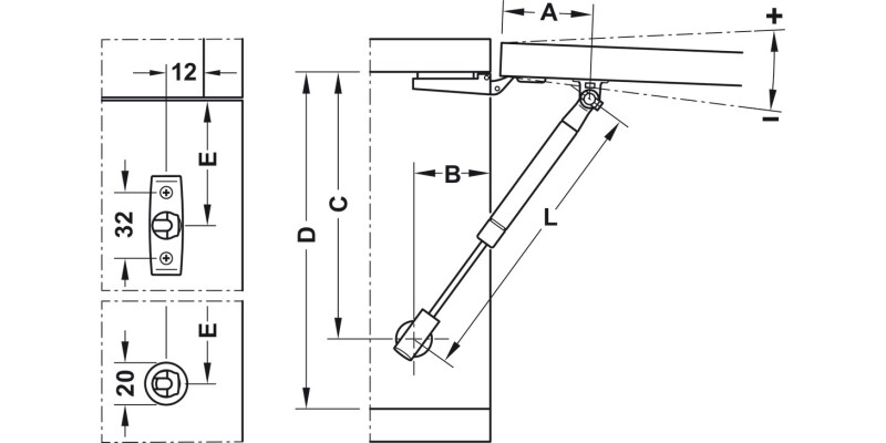 K12 Adj Auto Lid Stay 164mm 100N Slv/Gry
