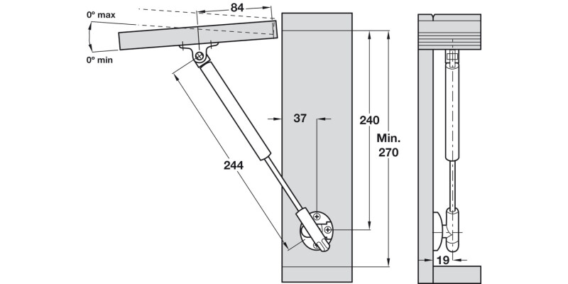 K12 Adj Auto Lid Stay 244mm 100N Slv/Gry