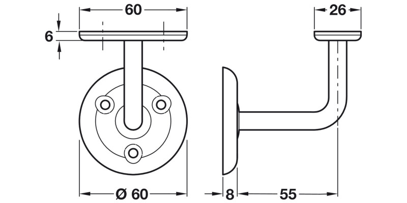 D60mm Handrail Bracket 55mm M.St ZP