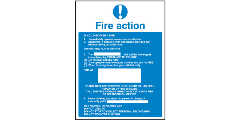 Fire Action Mandatory Sign, 300 x 200 mm, White/Blue Rigid Plastic