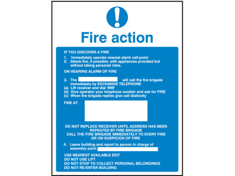 Fire Action Mandatory Sign, 300 x 200 mm, White/Blue Rigid Plastic