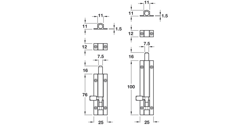 Barrel Bolt Straight 25x76mm Brass PC