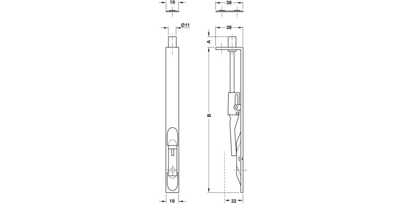 Flush Bolt, Lever Action, Width 19 mm, Brass