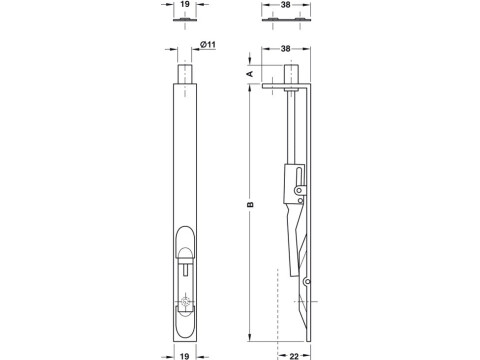 Flush Bolt, Lever Action, Width 19 mm, Brass