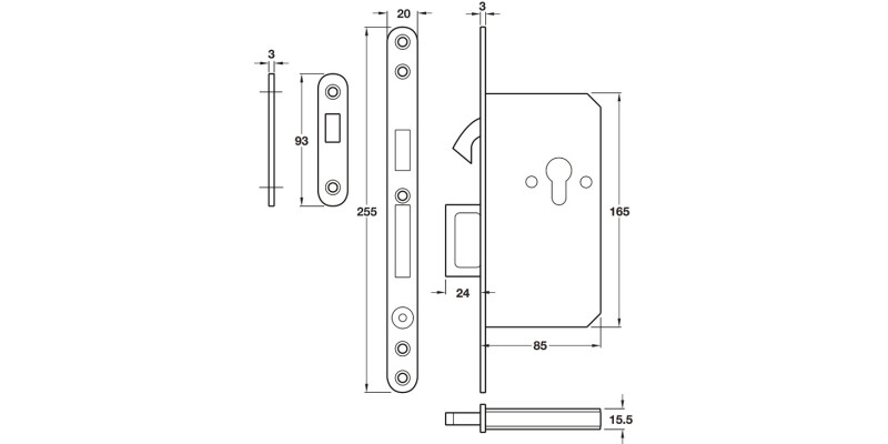 Mortice Cyl Sliding Dr Hookbolt Lock SSS