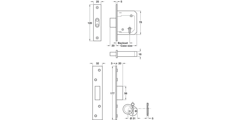 5 Lvr Mortice Deadlock 57/76mm PB KA