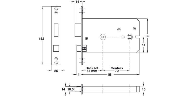 Bath Mortice Lock Horiz 57/151mm Brs SSS