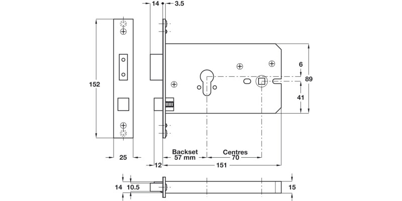 Horiz Mortice Cyl Sashlock 57/151mm SS