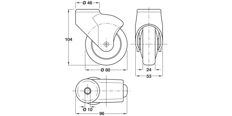 D80mm Castor Swivel wo Brake Pin Slv