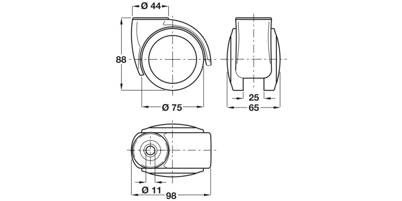 D75mm Twin Castor Swivel wo Brake Pin Si