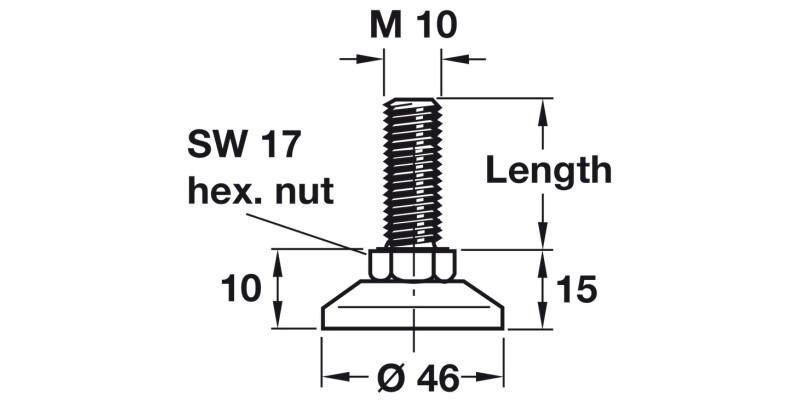 Adj Screw D46mm w Fixed Foot M10x50mm