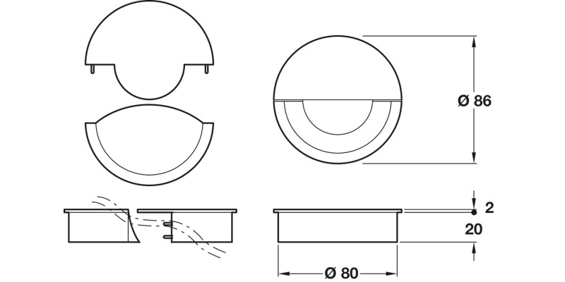Cable Outlet 2Prt D80x22mm St PC
