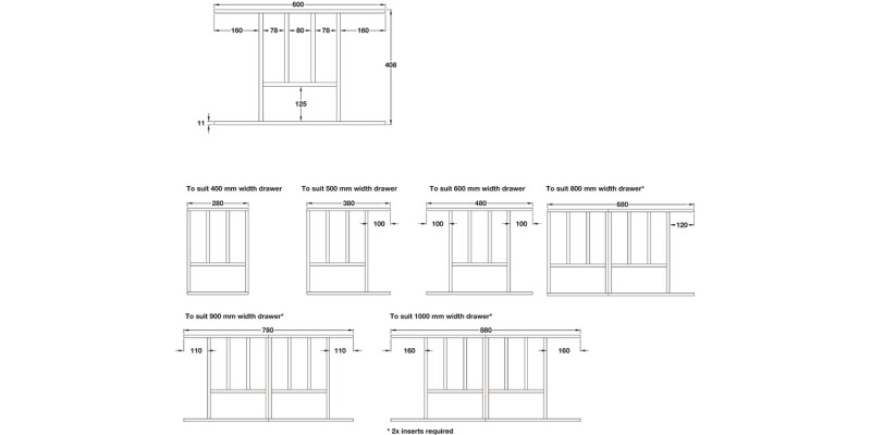 Oak Cutlery Ins Solid 55x400-1000mm