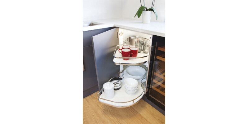 Corner Pull Out Shelving Unit, White Base with Polished Chrome Flat Bar Rail, fo