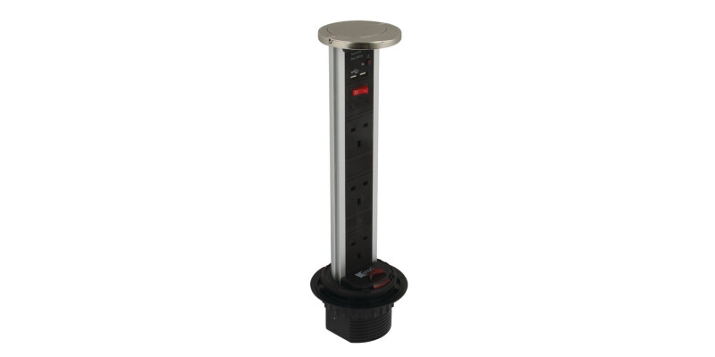 Vertical Powerdock, Rated IP54, 3 x UK 13 Amp Sockets and 2 x 700 mA USB Connect