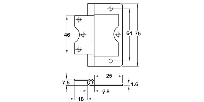 Flush Hinge 75x25mm LD Inset M.Steel EB