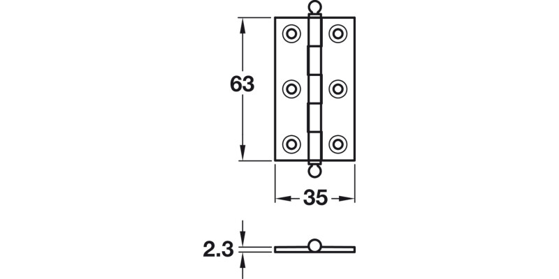 Copper plate Brass Butt Hinge Ball Finial 63x35mm image is of Polished Brass