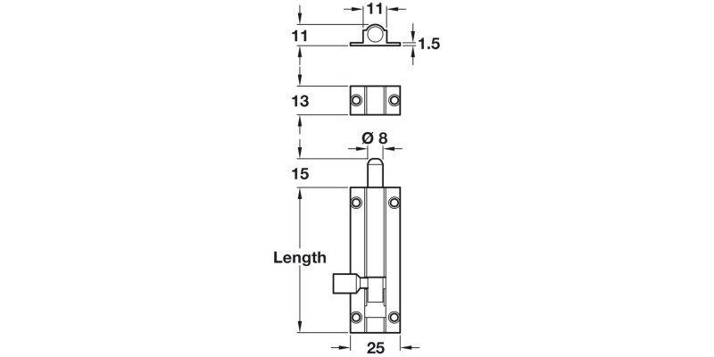 Barrel Bolt Straight 25x76mm Brass PB