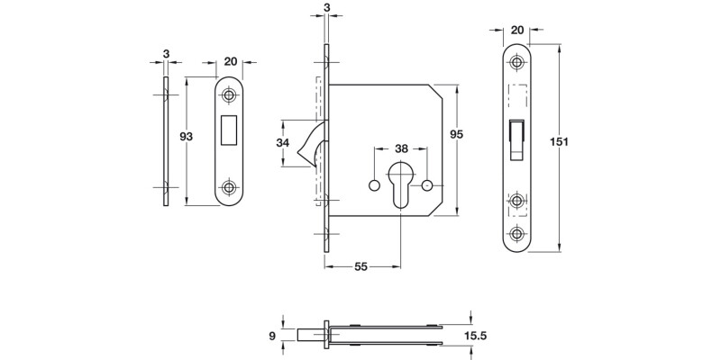 Mortice Cyl Sliding Dr Lock 55/85mm SSS