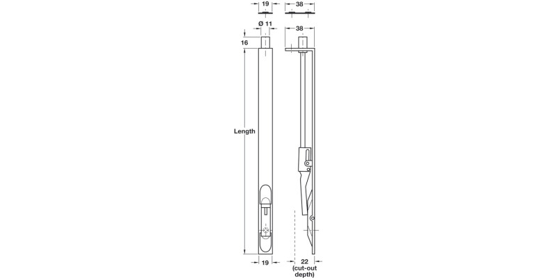 Lvr Act Flushbolt 762x19x38mm Brs PB