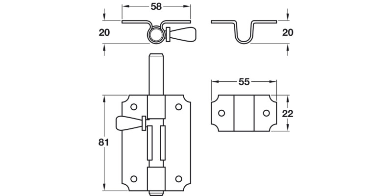 Tower Bolt Straight D12x81x58mm 316 SS