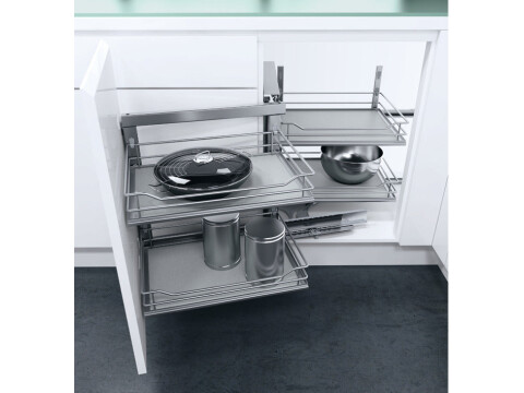 Swing Out Corner Storage, Premea Grey Solid Base Silver Wire Baskets, Vauth-Sage