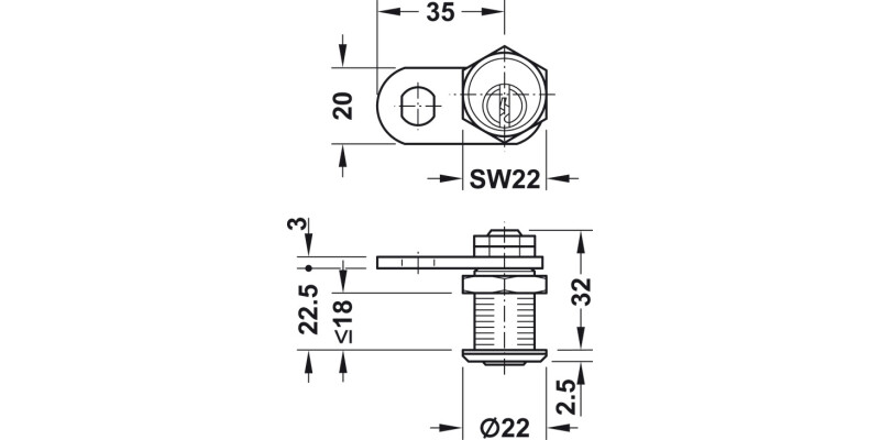 Cylinder Cam Lock 22mm PNP Dif Dir.A